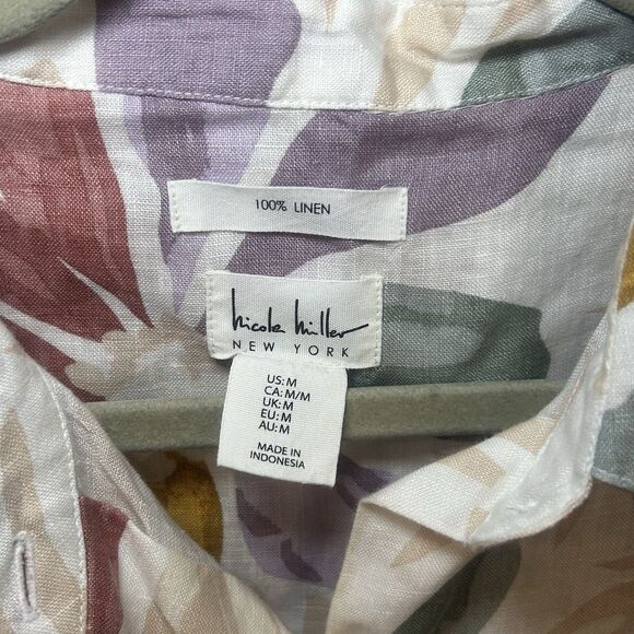 Nicole Miller NY Women's Linen Blouse Floral Short Sleeve Button Front Sz M Top - Picture 2 of 6